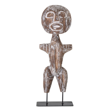 Hand carved wood sculpture of a tribal man standing straight