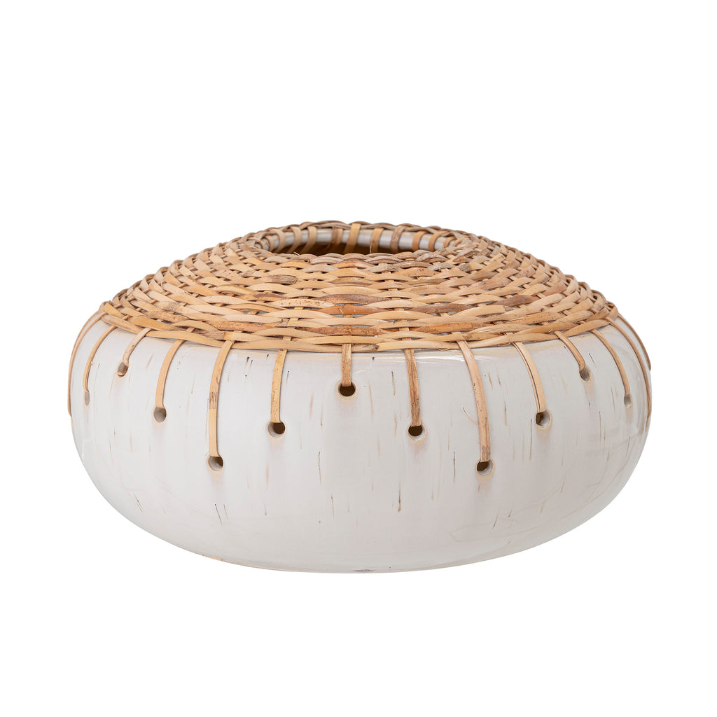Shiny white ceramic vase in round, slightly flat, shape with a rattan woven finish at the top