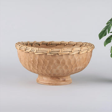 Large brown mango wood bowl with rattan edges